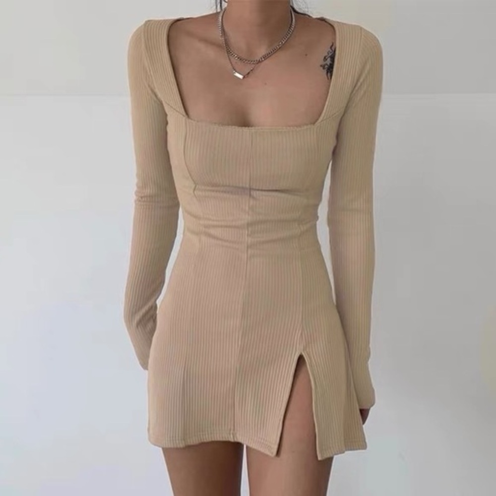 Stylish Beige Knit Mini Dress, Long Sleeve Square Neck A Line Casual Size XS